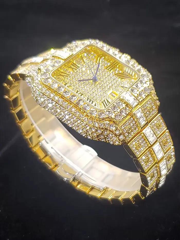 Montre en or diamant pour hommes avec calendrier complet, mouvement à quartz, bracelet solide orné de zircons, pour les occasions spéciales et les sorties professionnelles