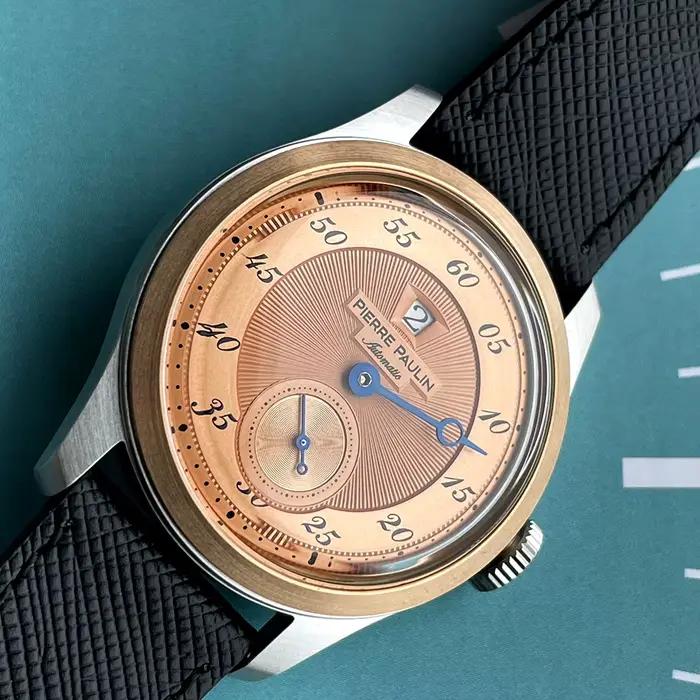 Montre en acier inoxydable et cuir avec lunette en bronze saumon, mouvement automatique, fenêtre date, résistance à l'eau 50m, pour homme, occassions spéciales et quotidiennes