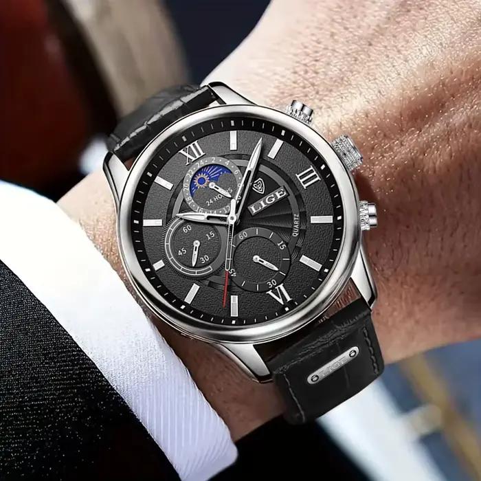 Montre homme LIGE 2026 en acier inoxydable avec bracelet en cuir pour activités sportives et occasions spéciales