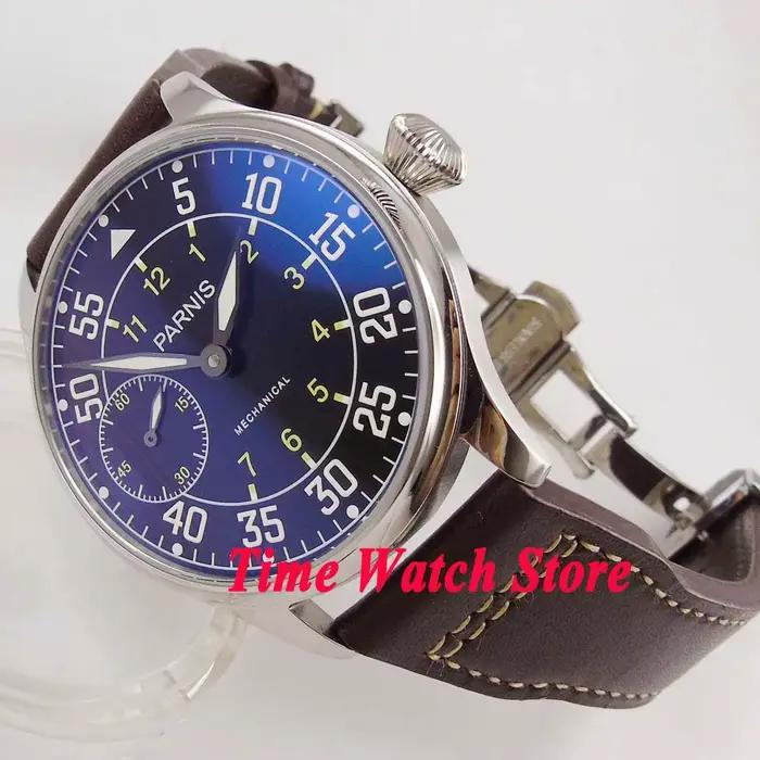 Parnis Pilot Aviator montre pour hommes classique asie 6497 mouvement à remontage manuel cadran noir blanc lumineux acier inoxydable 316L 44mm