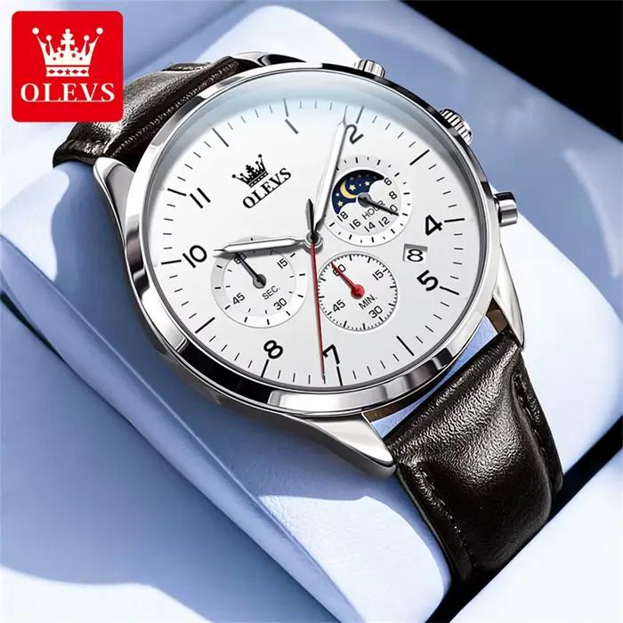 Montre OLEVS Phase de Lune Quartz Hommes Cuir Étanche Calendrier Lumineux Occasions Spéciales