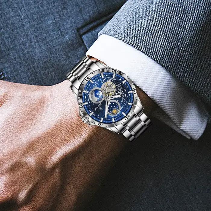 GLENAW rotatif terre Double seconde main mécanique montre-bracelet hommes ciel étoilé bracelet en acier inoxydable montre étanche