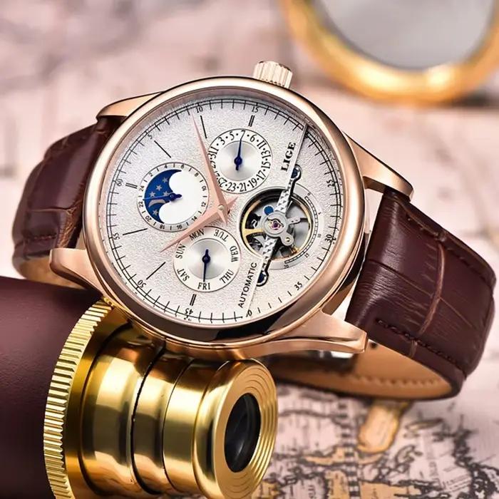 Montre automatique homme LIGE avec tourbillon et caractéristiques complètes pour homme, cuir véritable, résistante à l'eau et robuste pour tous les jours