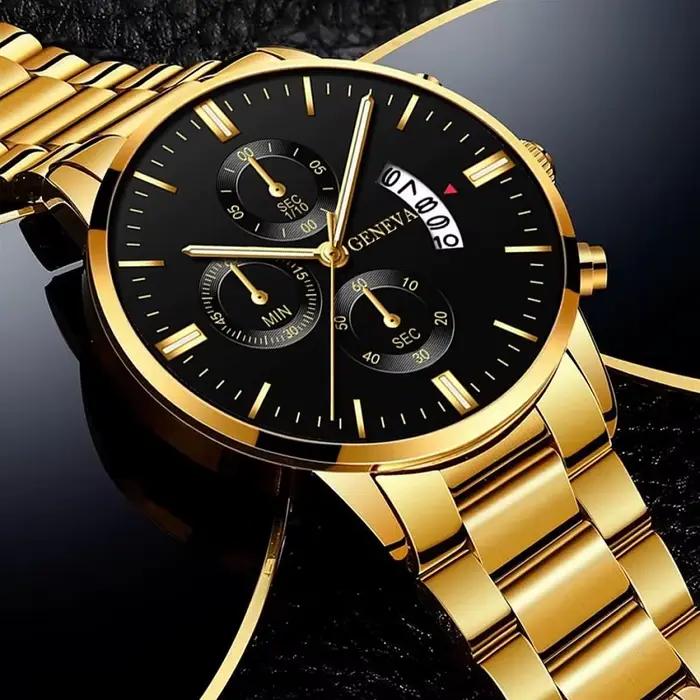 Montre-bracelet à quartz en acier inoxydable doré pour homme