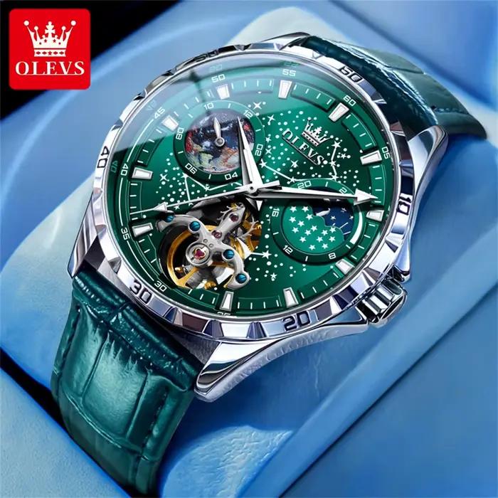 Montre Mécanique OLEVS avec Cadran Vert et Phase de Lune Élégante Bracelet en Cuir pour Hommes Occasions Spéciales Étanche Ciel Étoilé Tourbillon