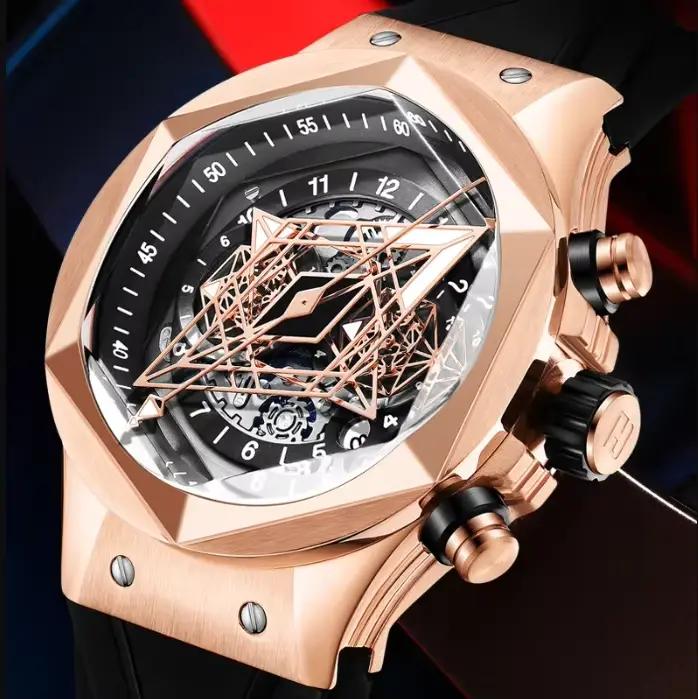 Montre automatique HANBORO édition limitée avec lunette hexagonale en acier et bracelet en caoutchouc pour homme occasions spéciales