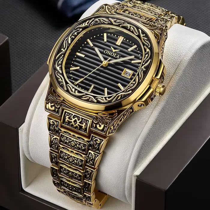 ONOLA rétro haut de gamme montre à Quartz hommes montre-bracelet étanche mode décontracté doré classique calendrier