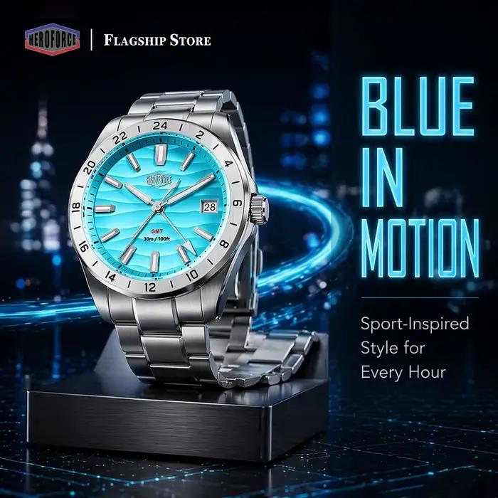 Montre Homme HEROFORCE GMT 2026 Nouvelle Montre-Bracelet en Acier Inoxydable avec Cadran Turquoise, Date Lumineuse, Quartz Sport et Affaires