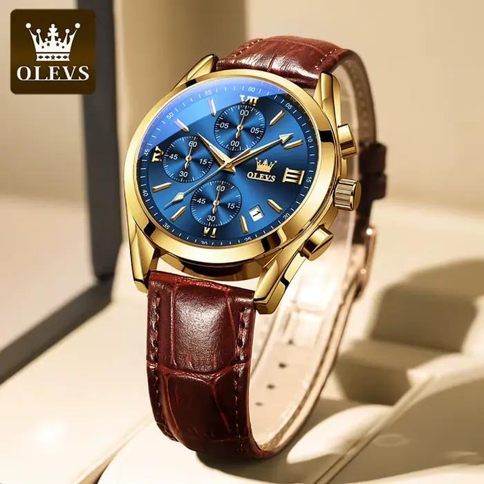 Montre OLEVS 2872 en acier inoxydable avec bracelet en cuir, résistante à l'eau, pour homme avec chronographe et calendrier complet pour différentes occasions