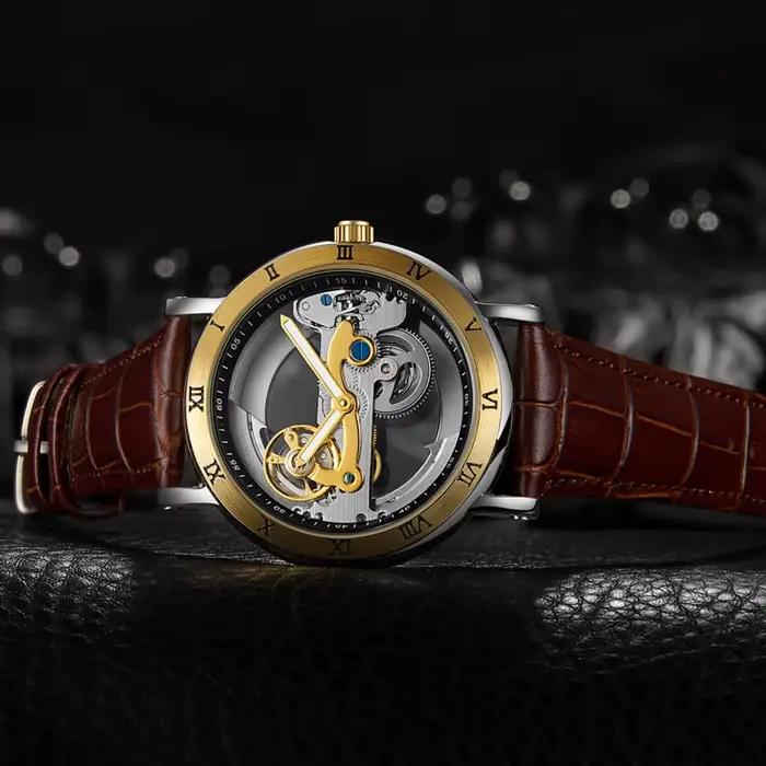 Montres-bracelets mécaniques pour hommes montres pont doré squelette automatique mécanique montre