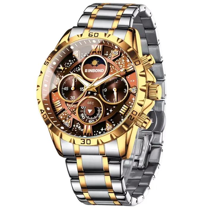 BINBOND luxe mode hommes montres multi-fonctionnel en acier inoxydable Original Quartz montre-bracelet Phase de lune chronographe étanche