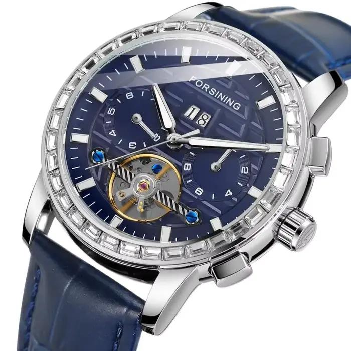Nouveaux diamants hommes montres haut de gamme de luxe automatique mode bleu bracelet en cuir véritable Tourbillion affichage calendrier montre-bracelet