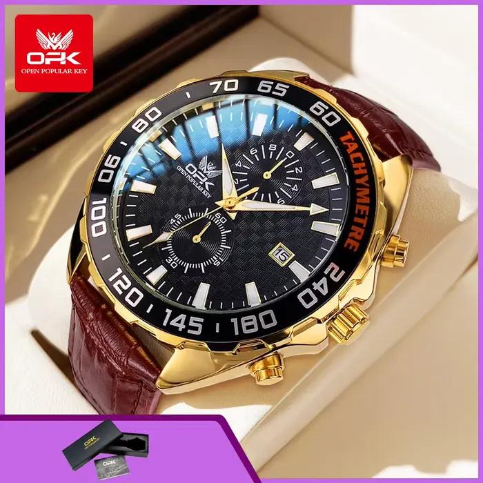 Montre à quartz OPK 8163 avec tachymètre, date automatique et chronographe pour homme, résistante à l'eau, bracelet en cuir, style mode et décontracté