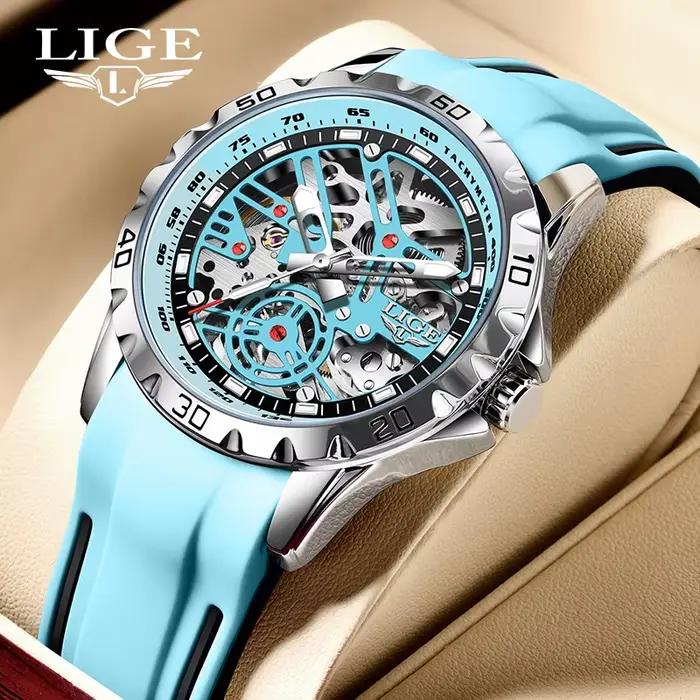Montre LIGE Automatique Luxe Homme Tourbillon Boîtier Acier Inoxydable Bracelet Silicone Occasions Spéciales