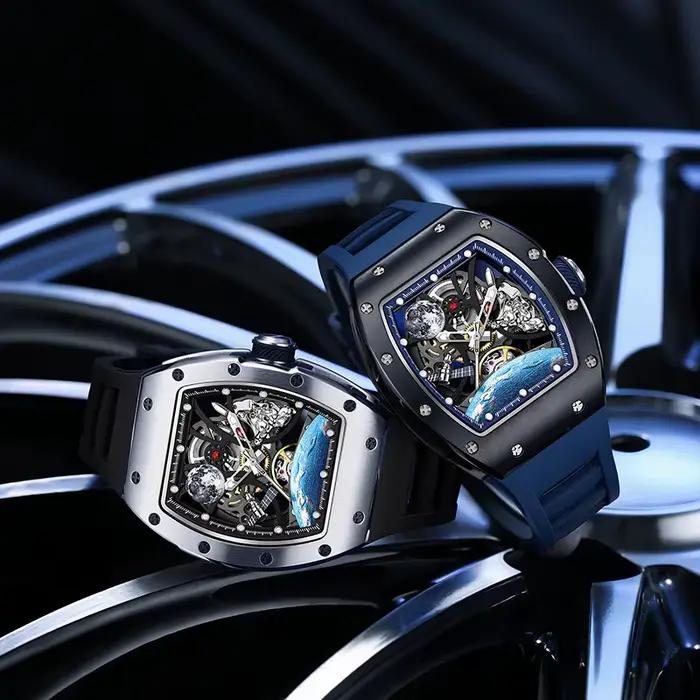 Montre Bonest Gatti automatique homme luxueuse avec mouvement squelette Tonneau résistante à l'eau pour tous les jours et occasions spéciales