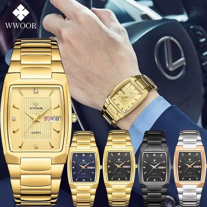 Montre-bracelet carrée en acier inoxydable doré pour homme