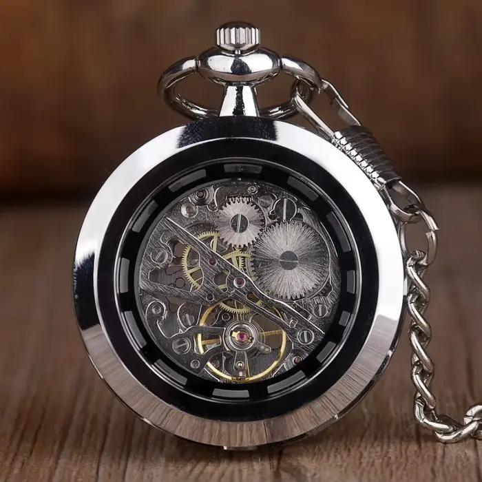 Montre de poche mécanique squelettée noire/argentée
