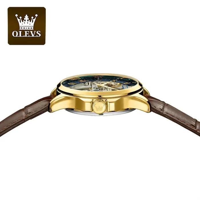 OLEVS 6661 entièrement Transparent squelette volant automatique mécanique montre pour hommes bracelet en cuir marque de luxe Original homme montre-bracelet