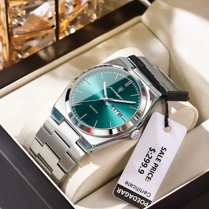 Montre en acier inoxydable POEDAGAR avec affichage de la date et de la semaine pour homme, résistante à l'eau, style décontracté et moderne