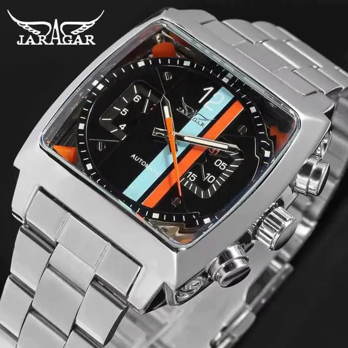 JARAGAR 569 mécanisme d'horloge hommes montre mécanique automatique rétro carré Date semaine étanche bracelet en acier loisirs montre-bracelet