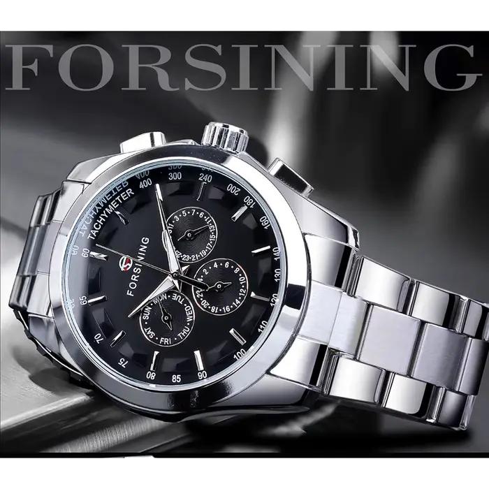 Forsining Business Style montre automatique hommes cadran noir montre-bracelet mécanique avec calendrier Luminou pointeurs livraison gratuite au brésil