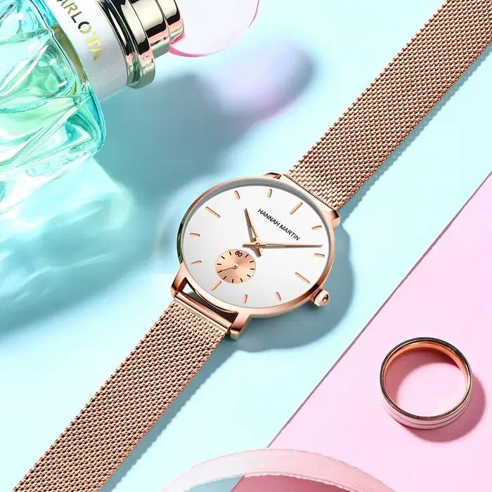 HANNAH MARTIN marque femmes montre cadran en or Rose 33mm bracelet en maille d'acier inoxydable décontracté mode