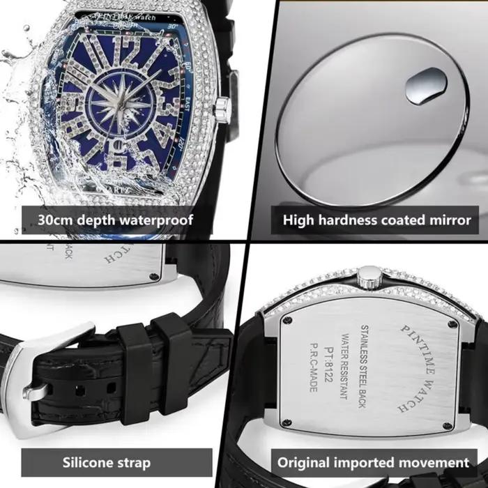 Montre en diamant pour hommes, montres à quartz tonneau élégantes résistantes à l'eau et aux chocs pour différentes occasions