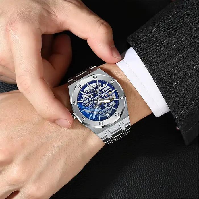 Montre mécanique CHENXI avec mouvement automatique, bracelet en acier inoxydable, résistante à l'eau, design unique pour hommes occassions spéciales