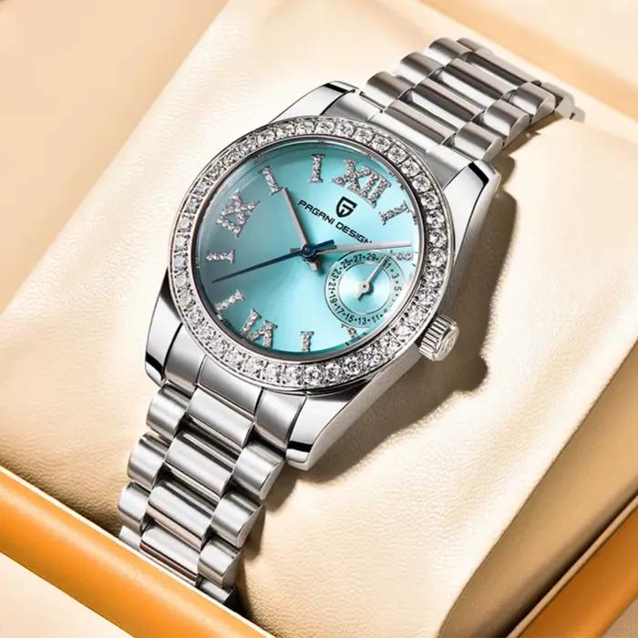 Montre élégante en acier inoxydable avec cristal de saphir pour femmes, résistante à l'eau et idéale pour les occasions spéciales et le quotidien