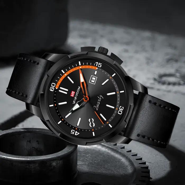 VA VA VOOM montre militaire en cuir noir avec grand cadran 46 mm mouvement à quartz style d'affaires
