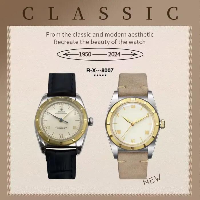 Hestur montre pour hommes pour mouvement mécanique automatique PT5000/SW200 cristal bulle dos 36mm Couple Simple Antique peau de vache 10bar
