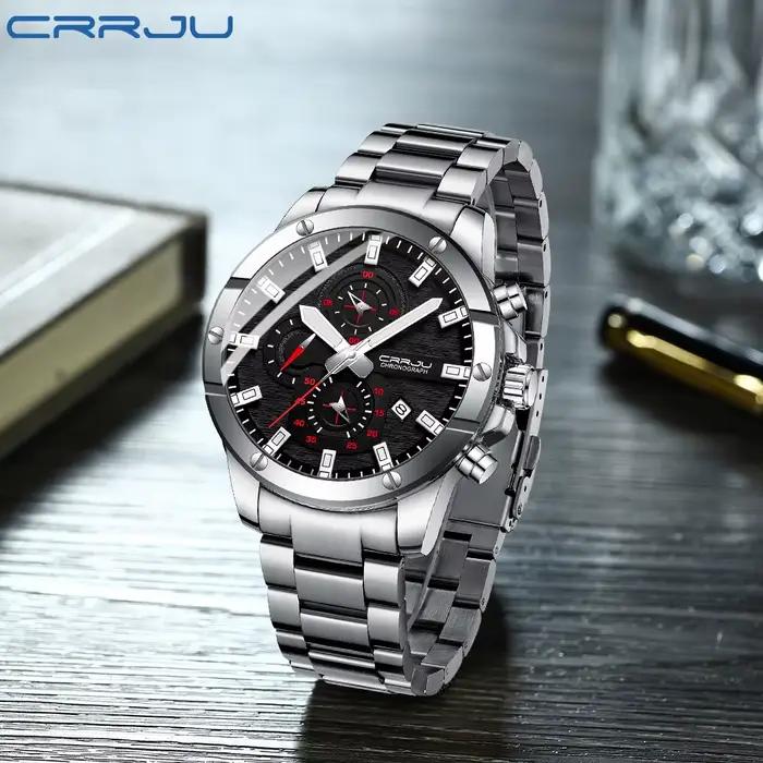 Montre-bracelet étanche CRRJU avec chronographe lumineux et calendrier complet pour homme style fashion et casual occasions spéciales