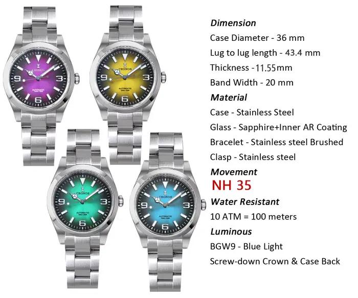Cronos montres de luxe pour hommes 36mm explorer la série d'escalade montre de Sport pour Couples NH35 PT5000