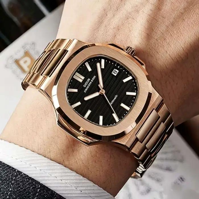 Montre mécanique DIDUN en acier inoxydable et or rose pour homme, résistante à l'eau, avec mouvement Seagull, pour les occasions formelles et informelles