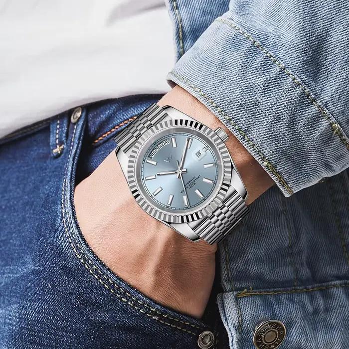 Montre mécanique WM homme style business décontracté résistante à l'eau affichage de la semaine cristal saphir automatique à remontage automatique