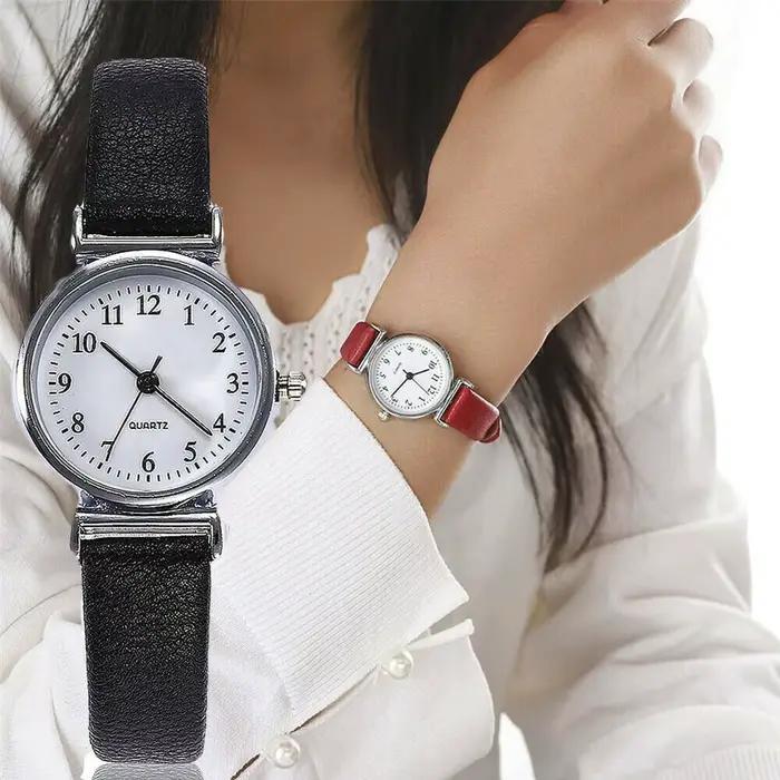 Montre-bracelet ronde pour femme en alliage avec bracelet en cuir décontracté mode et détails numériques pour occasions spéciales
