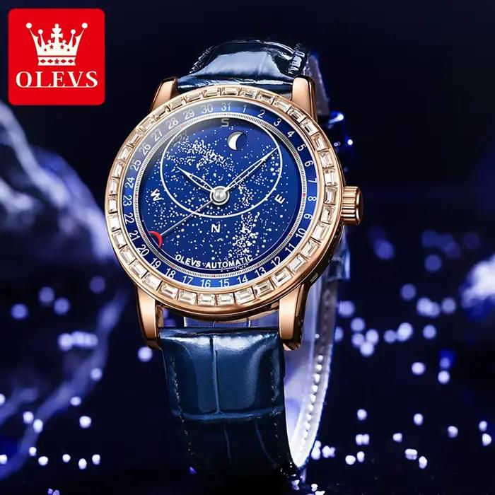 Montre homme Olevs 9923 phase de lune cadran ciel étoilé aiguilles des secondes rotatives lunette sertie de diamants montre mécanique automatique lumineuse homme occasions spéciales