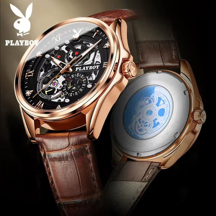 Montre de luxe masculine Playboy 3032 automatique squelette acier inoxydable résistante à l'eau pour hommes affaires décontractées occasions spéciales