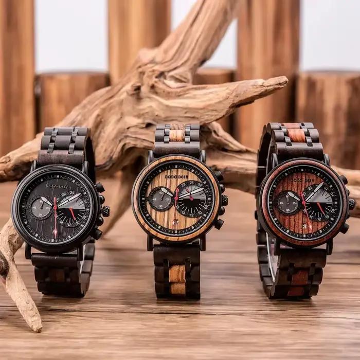 DODO DEER hommes montres en bois haut de gamme de luxe militaire en acier inoxydable chronographe montre-bracelet mâle affichage automatique de la Date cadeau des mariés