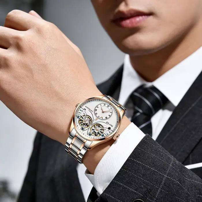 Nouvelle montre mécanique squelette automatique haut de gamme à double tourbillon en acier inoxydable résistante à l'eau pour homme, occassions spéciales et tous les jours