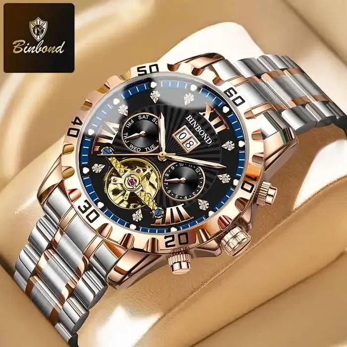 BINBOND mode montre mécanique automatique pour hommes de luxe Tourbillon squelette montre-bracelet en acier inoxydable