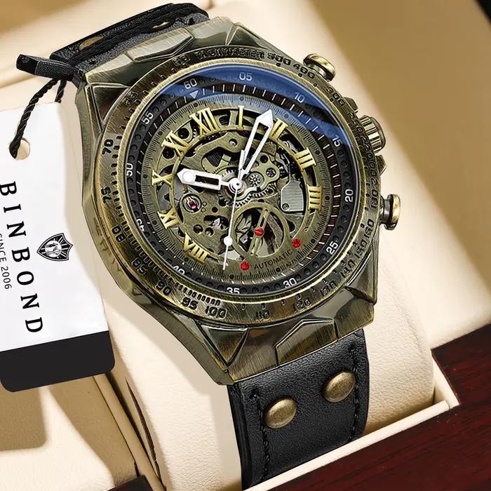 Montre-bracelet mécanique automatique vintage BINBOND pour homme