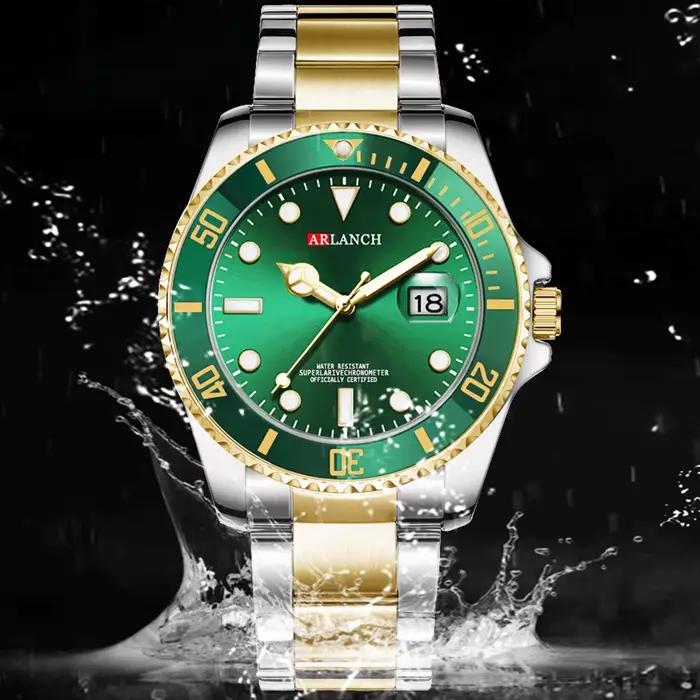 Montre en acier inoxydable ARLANCH avec mouvement Quartz, résistance à l'eau, chronographe, calendrier complet et design sport décontracté pour homme