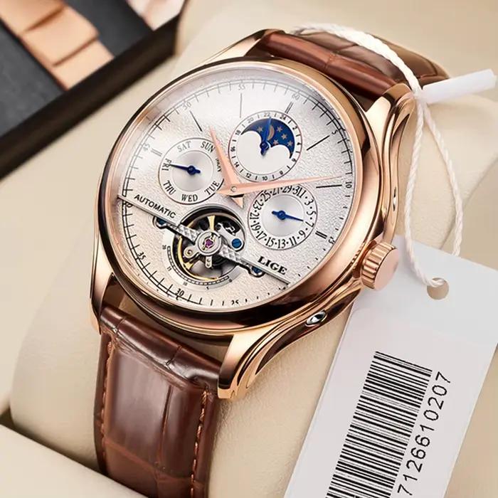 LIGE marque rétro mécanique montre-bracelet Tourbillon montre automatique Sport horloge en cuir décontracté affaires hommes montres Relojes Hombre