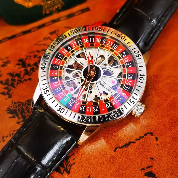 AOKULASIC mode squelette montre mécanique pour hommes conception rotative luxe en cuir bracelet en acier lumineux