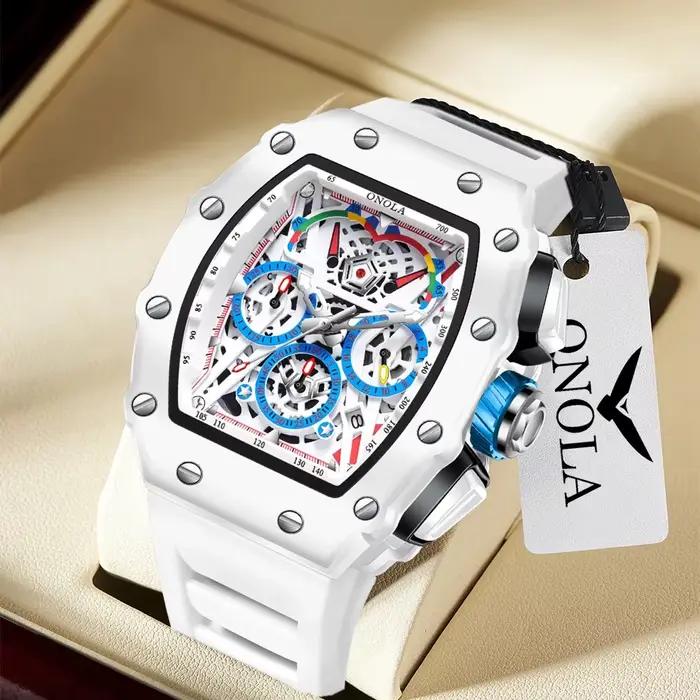 Montre Tonneau ONOLA Élégante et Fonctionnelle pour Hommes Occasions Spéciales Chronographe Quartz Blanc Silicone Bracelet