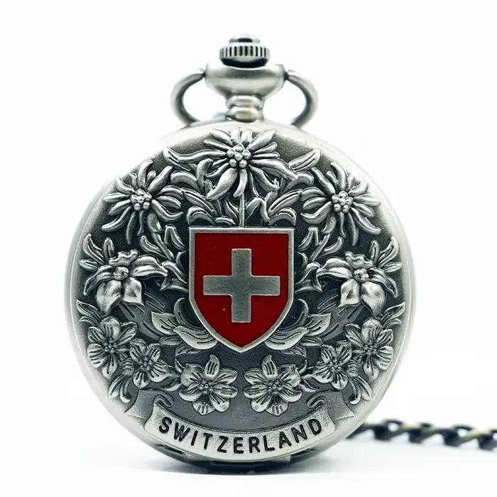 Classique suisse croix rouge creux mécanique montre de poche main vent Fob montres de haute qualité hommes femmes