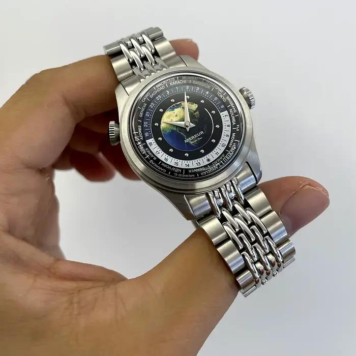 Montre Merkur en acier inoxydable avec cadran en émail et mouvement manuel mécanique pour hommes occasions spéciales vintage style rétro