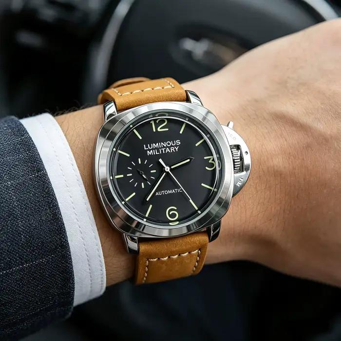 Montre classique homme cadran lumineux automatique militaire cuir véritable argent brun occasionnels élégance