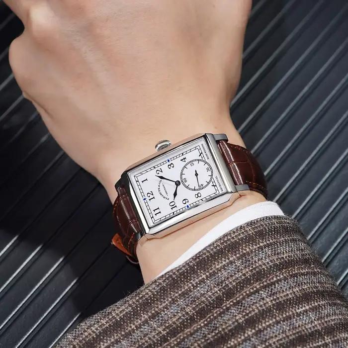 Montre rétro FARASUTE en acier inoxydable avec mouvement mécanique personnalisé, bracelet en cuir, résistante à l'eau pour homme, occasions spéciales et décontractée